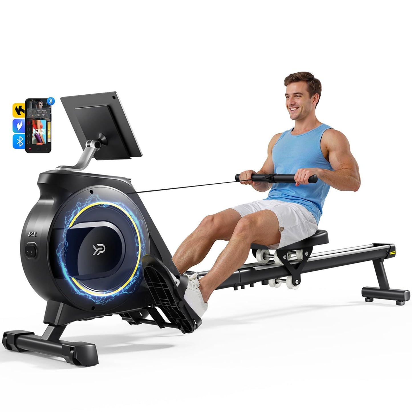 Magnetic Rowing Machine, 350 lbs Capacity, 16-Level Silent Resistance, Foldable, App Supported