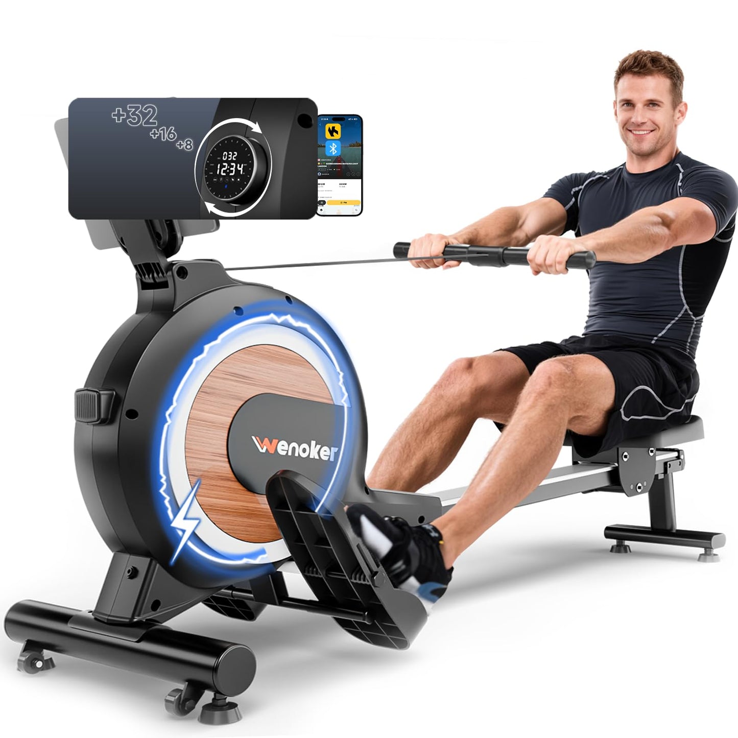 WENOKER Magnetic Rowing Machine, 32 Resistance Levels, 350 lbs Capacity, Smart Knob, App Supported