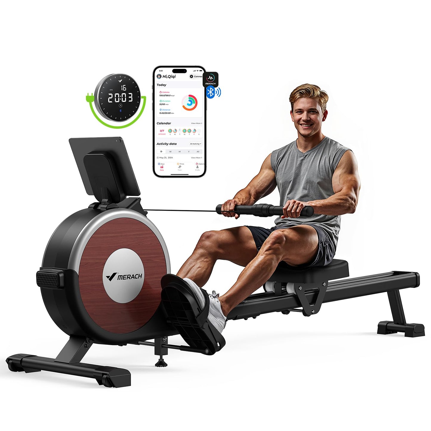 MERACH Bluetooth Magnetic Rowing Machine, Dual Slide Rail, 16 Resistance Levels, 350 lbs Capacity