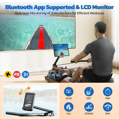 Dripex Water Rowing Machine, Foldable Design, 400 lbs Capacity, LCD Monitor, Bluetooth App Compatible