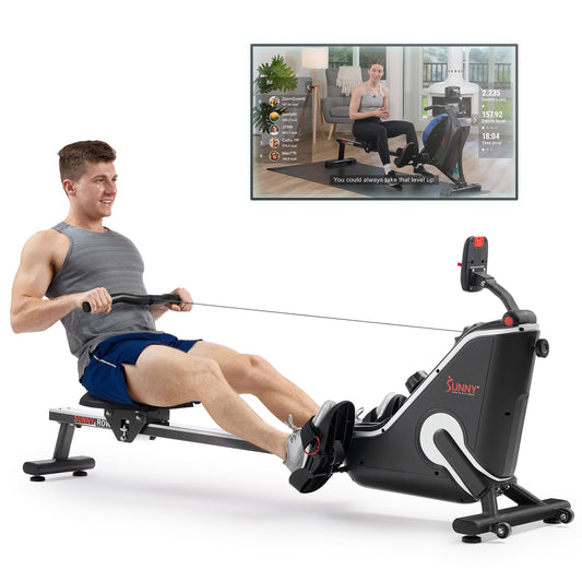 Sunny Health & Fitness Smart Compact Magnetic Rowing Machine, Stainless Steel Rail, 300 lbs Capacity