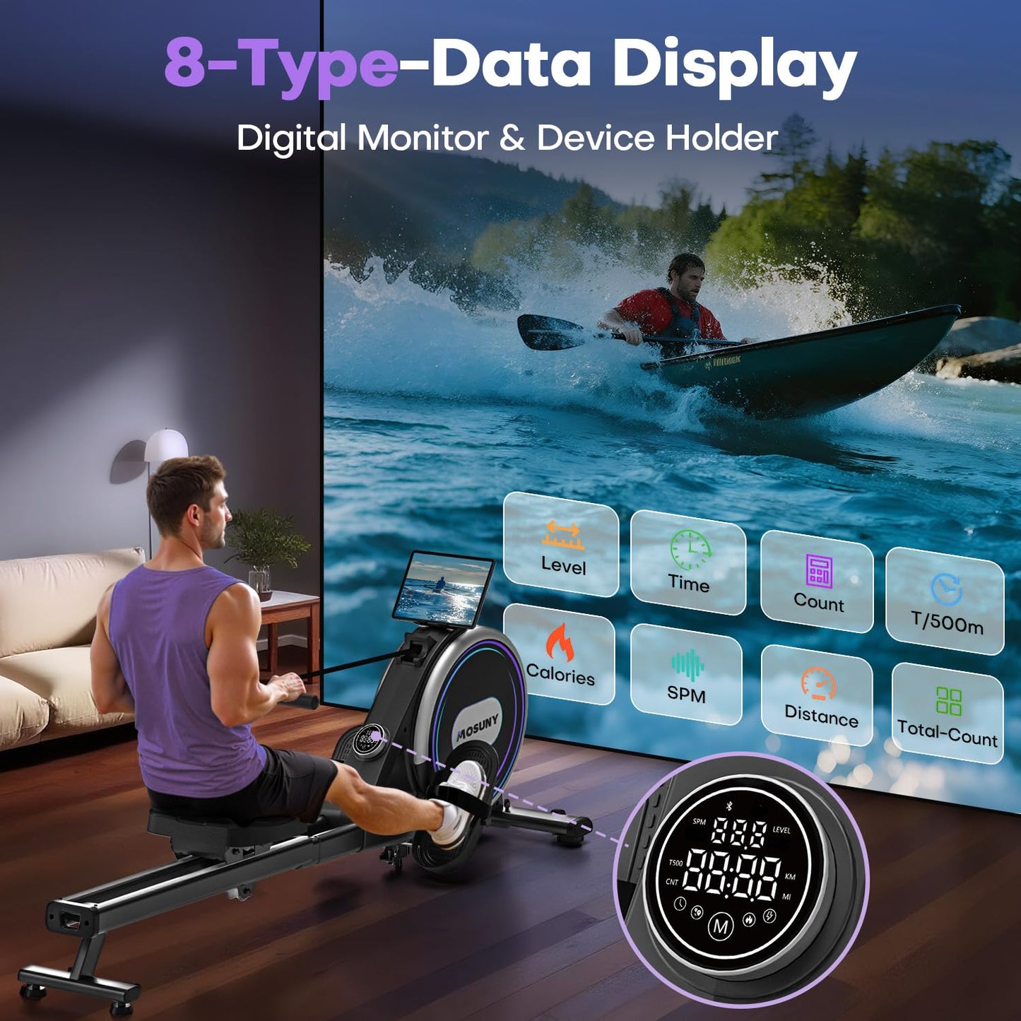 Magnetic Rowing Machine, 32-Level Resistance, 400 lbs Capacity, Dual Slide Rails, LCD Display