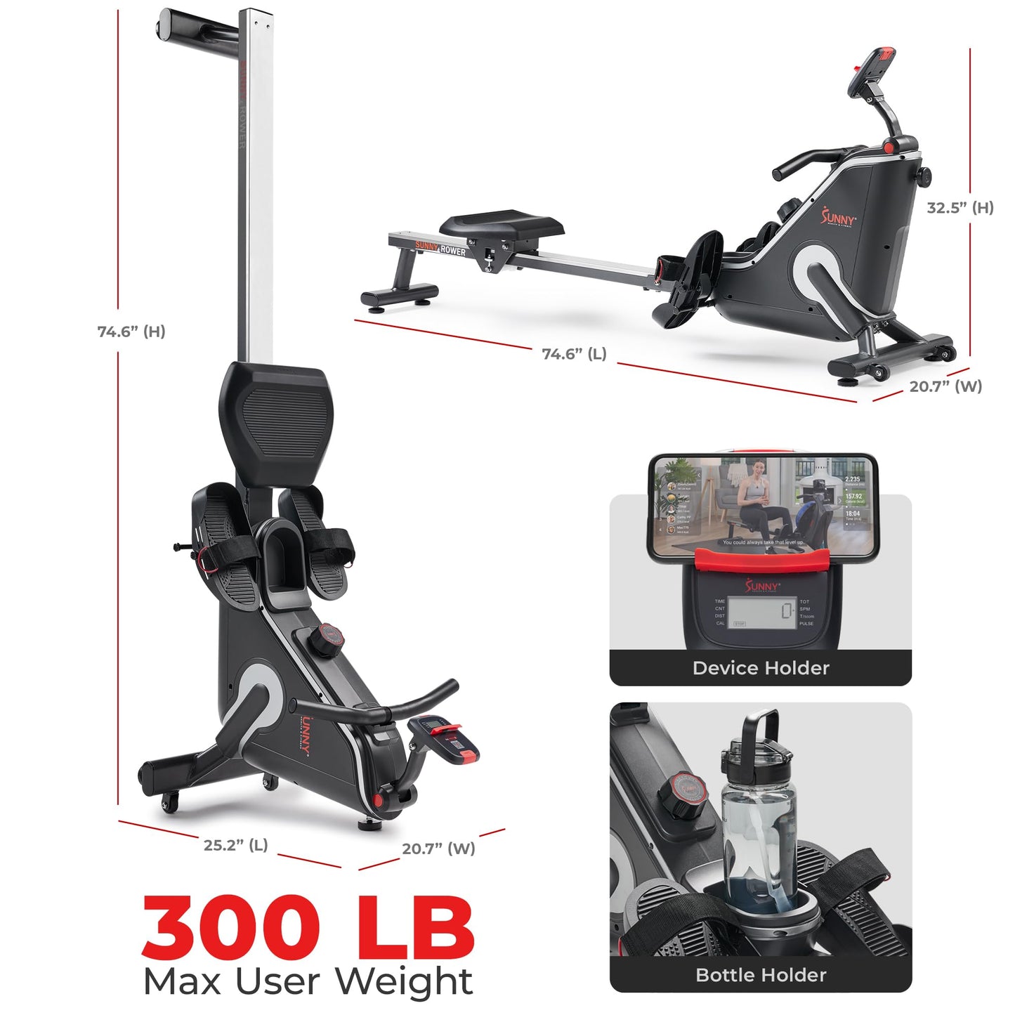 Sunny Health & Fitness Smart Compact Magnetic Rowing Machine, Stainless Steel Rail, 300 lbs Capacity