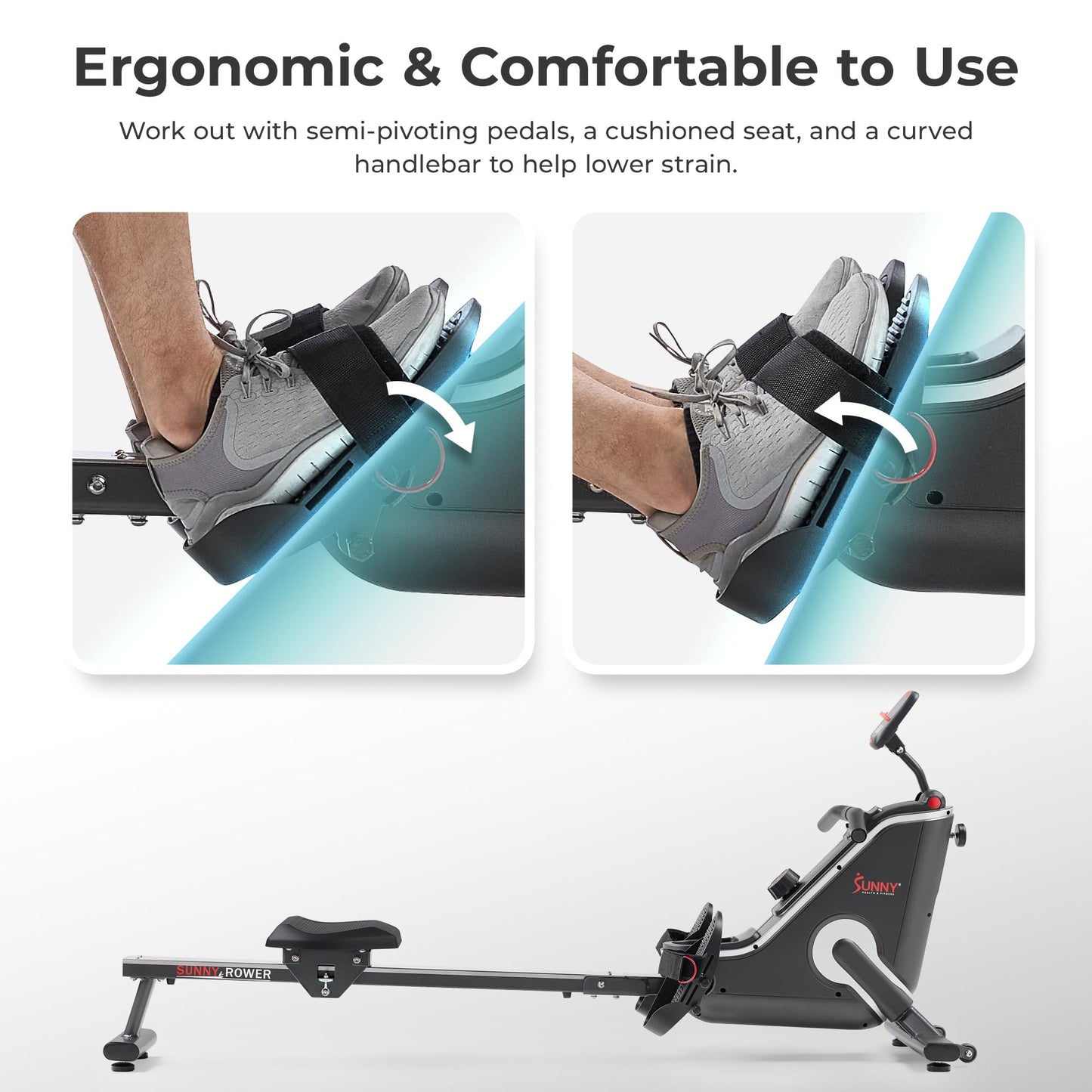 Sunny Health & Fitness Smart Compact Magnetic Rowing Machine, Stainless Steel Rail, 300 lbs Capacity