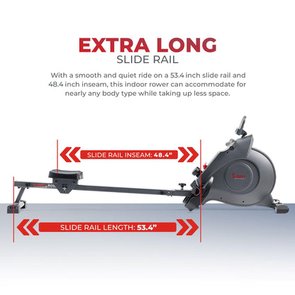 Sunny Health & Fitness Magnetic Rowing Machine, Extended Slide Rail, Bluetooth, SunnyFit App Compatible