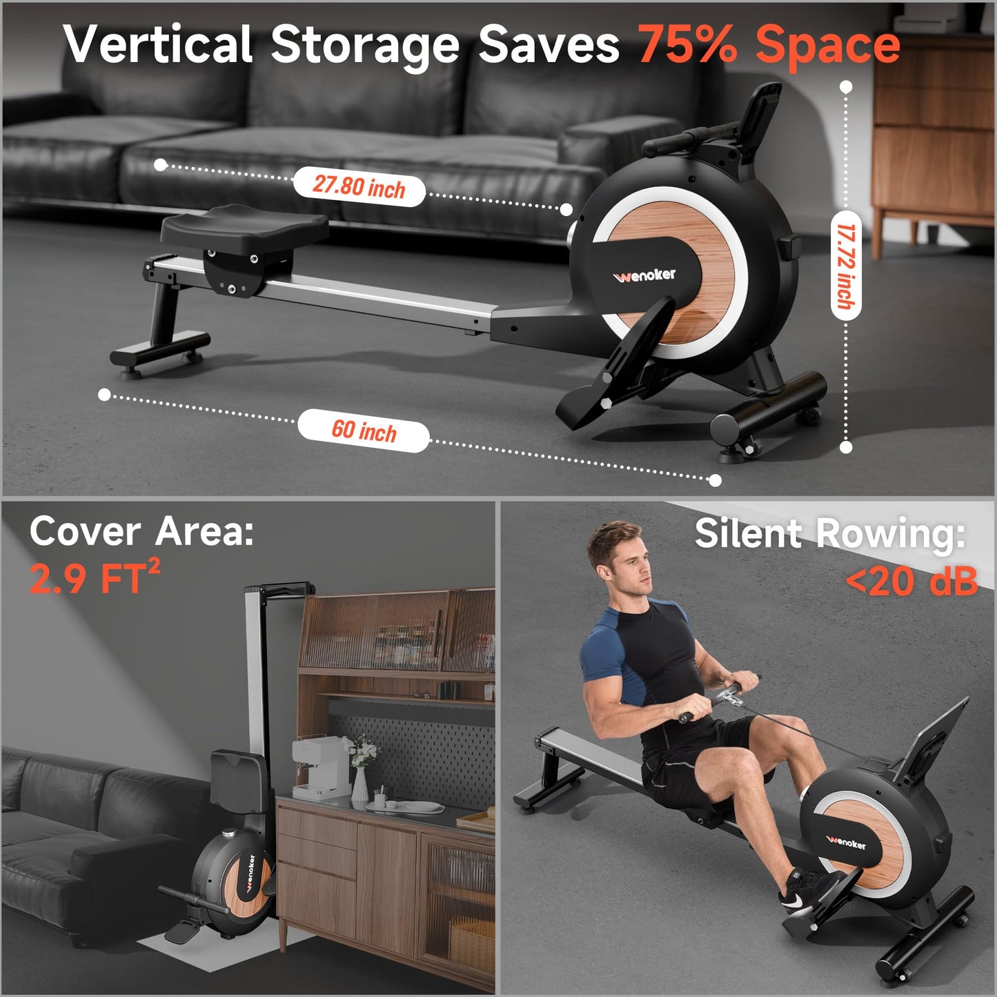 WENOKER Magnetic Rowing Machine, 32 Resistance Levels, 350 lbs Capacity, Smart Knob, App Supported