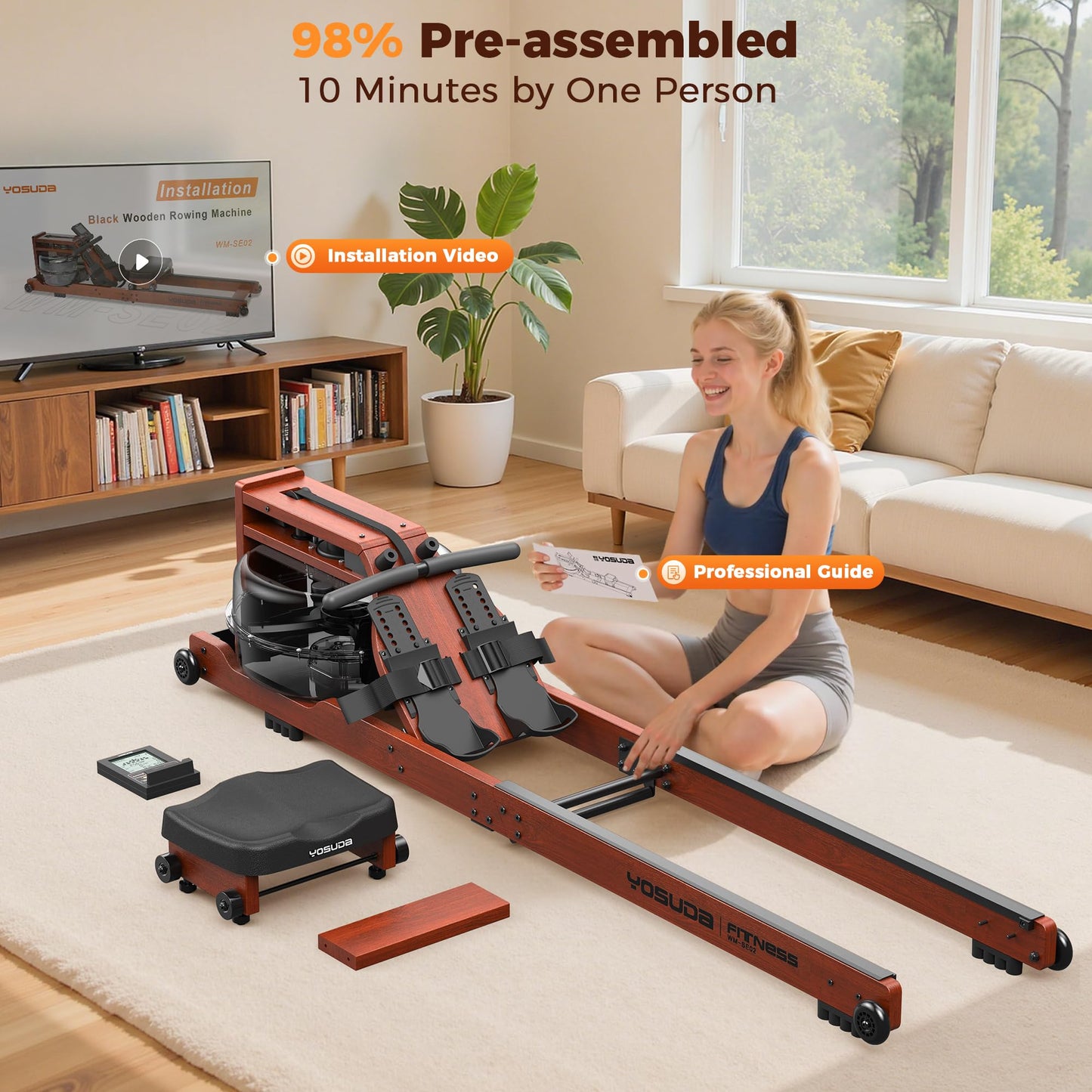YOSUDA Water Rowing Machine, Foldable Wooden Rower, 400 lbs Capacity, Bluetooth App, 22L Tank