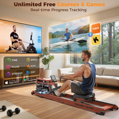 YOSUDA Water Rowing Machine, Foldable Wooden Rower, 400 lbs Capacity, Bluetooth App, 22L Tank