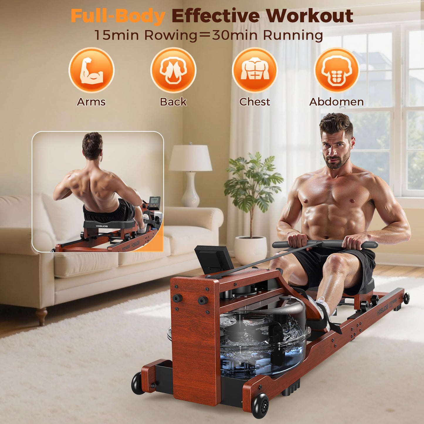 YOSUDA Water Rowing Machine, Foldable Wooden Rower, 400 lbs Capacity, Bluetooth App, 22L Tank
