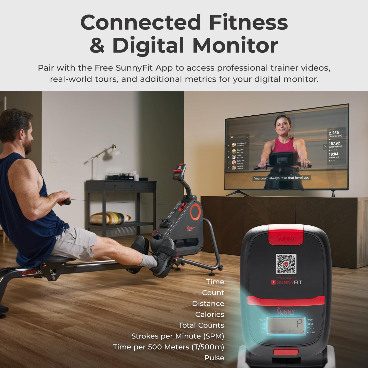 Sunny Health & Fitness Smart Silent Magnetic Rowing Machine, Dual Slide Rail, 300 lbs Capacity