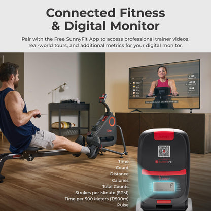 Sunny Health & Fitness Smart Silent Magnetic Rowing Machine, Dual Slide Rail, 300 lbs Capacity