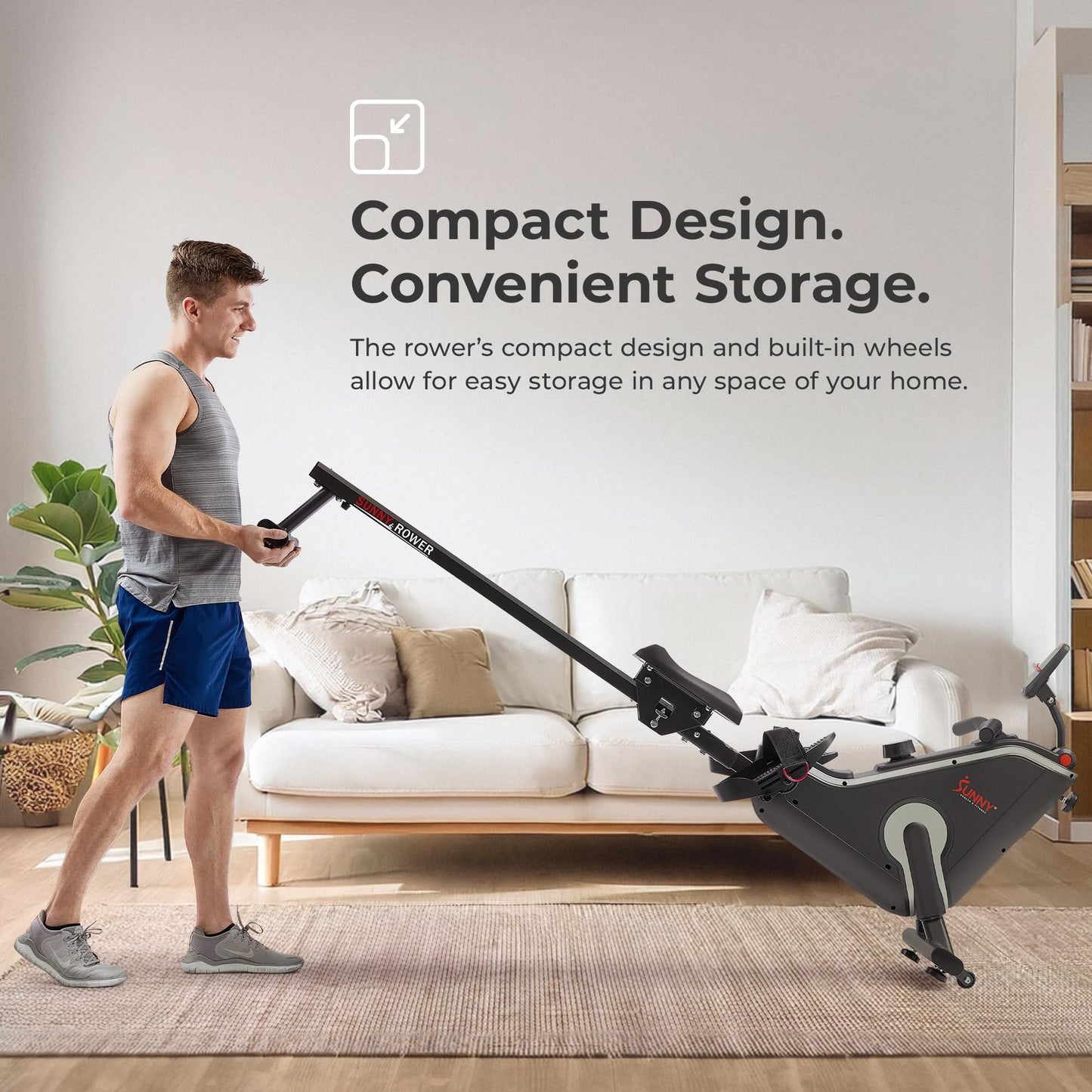 Sunny Health & Fitness Smart Compact Magnetic Rowing Machine, Stainless Steel Rail, 300 lbs Capacity