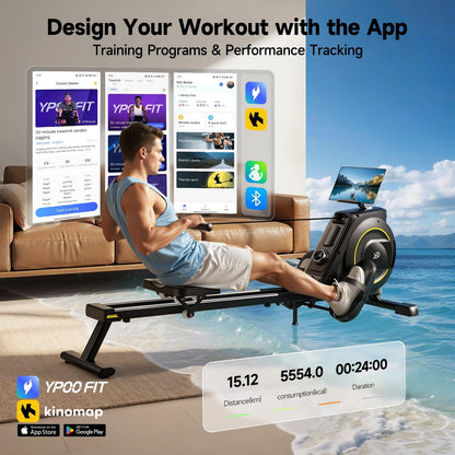 Magnetic Rowing Machine, 350 lbs Capacity, 16-Level Silent Resistance, Foldable, App Supported