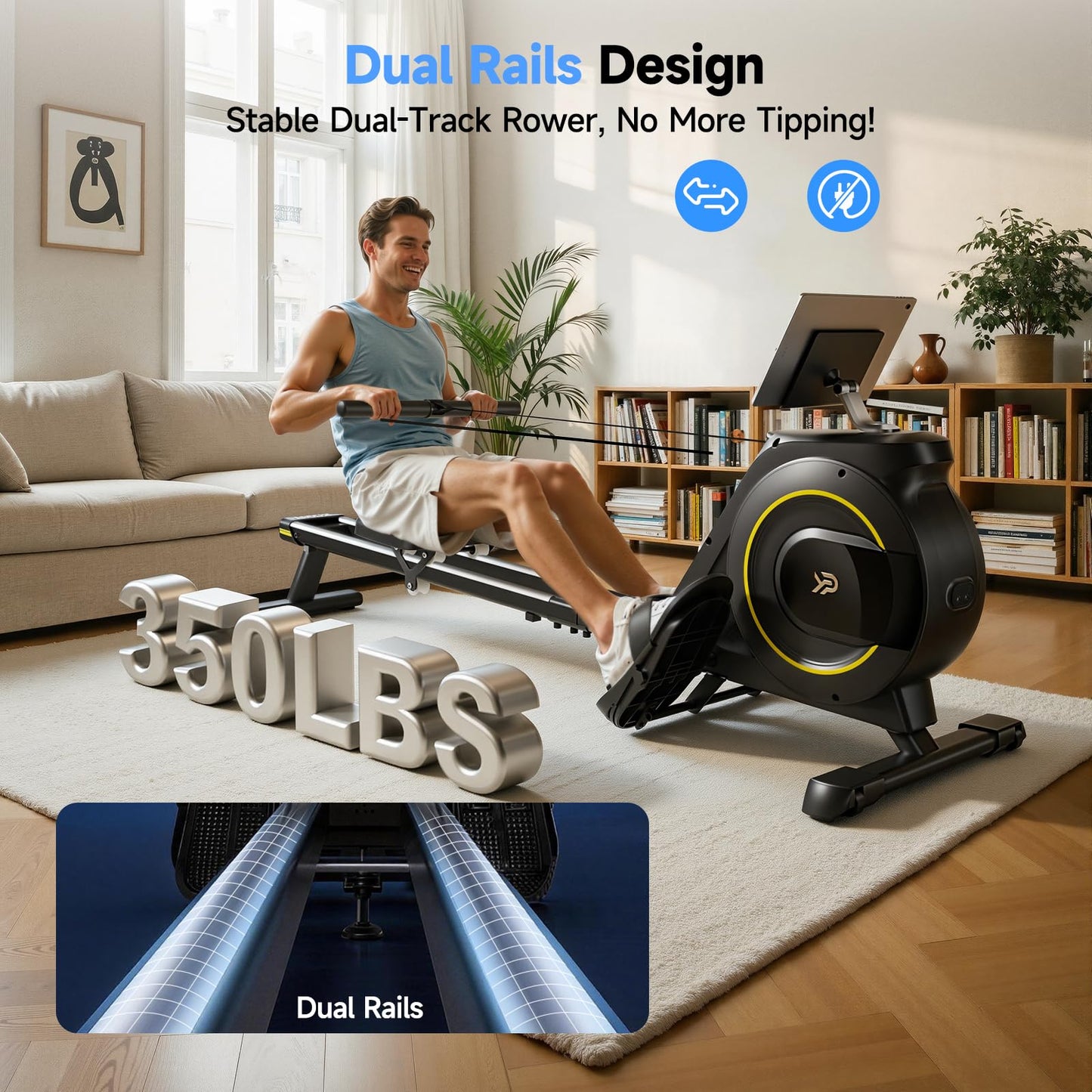 Magnetic Rowing Machine, 350 lbs Capacity, 16-Level Silent Resistance, Foldable, App Supported