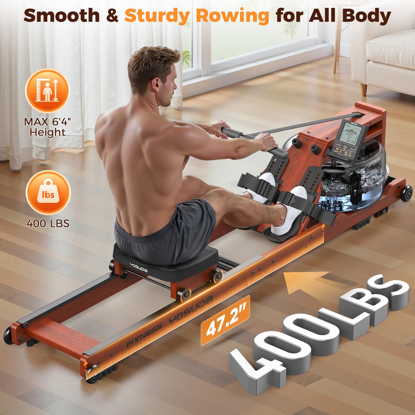 YOSUDA Water Rowing Machine, Foldable Wooden Rower, 400 lbs Capacity, Bluetooth App, 22L Tank