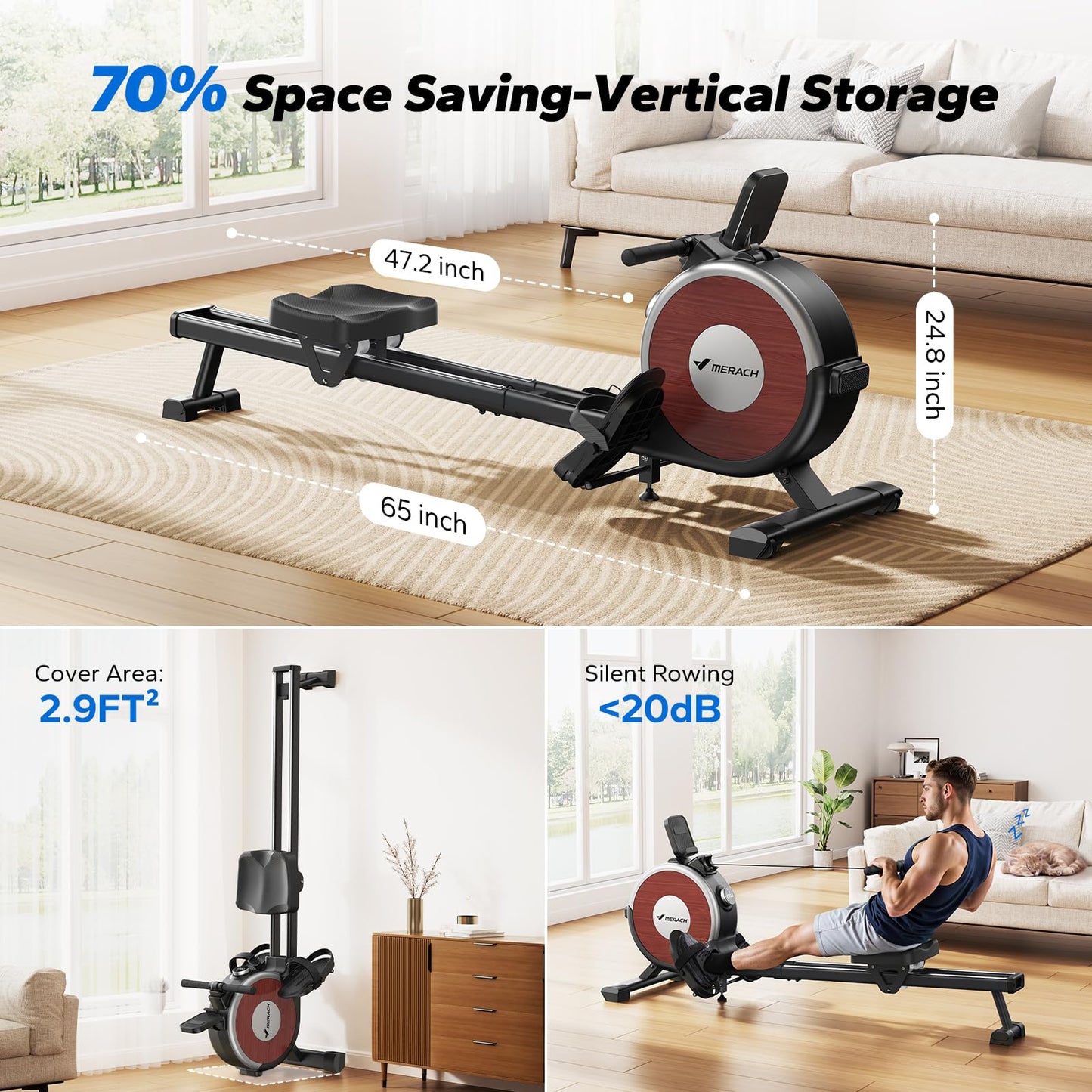 MERACH Bluetooth Magnetic Rowing Machine, Dual Slide Rail, 16 Resistance Levels, 350 lbs Capacity