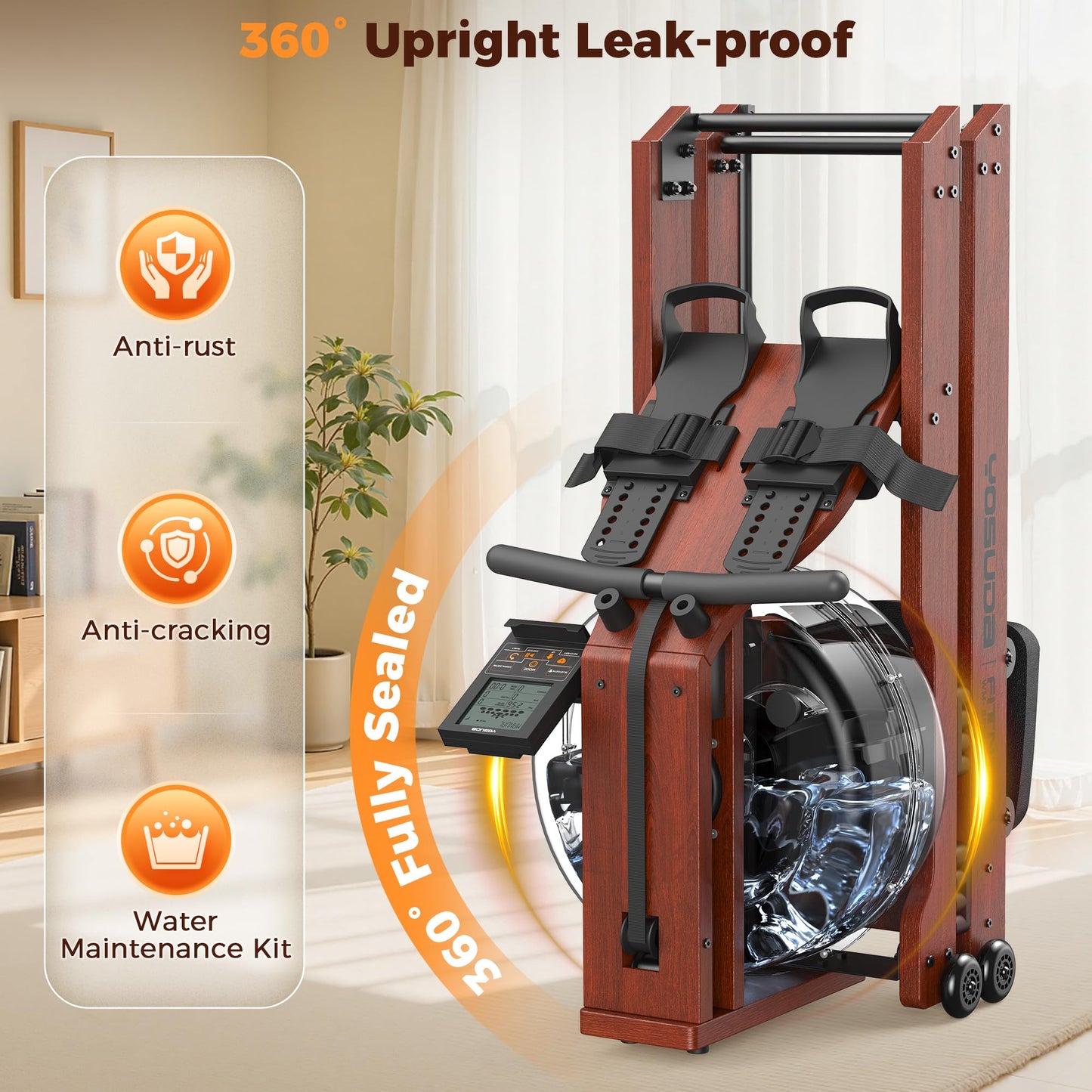YOSUDA Water Rowing Machine, Foldable Wooden Rower, 400 lbs Capacity, Bluetooth App, 22L Tank