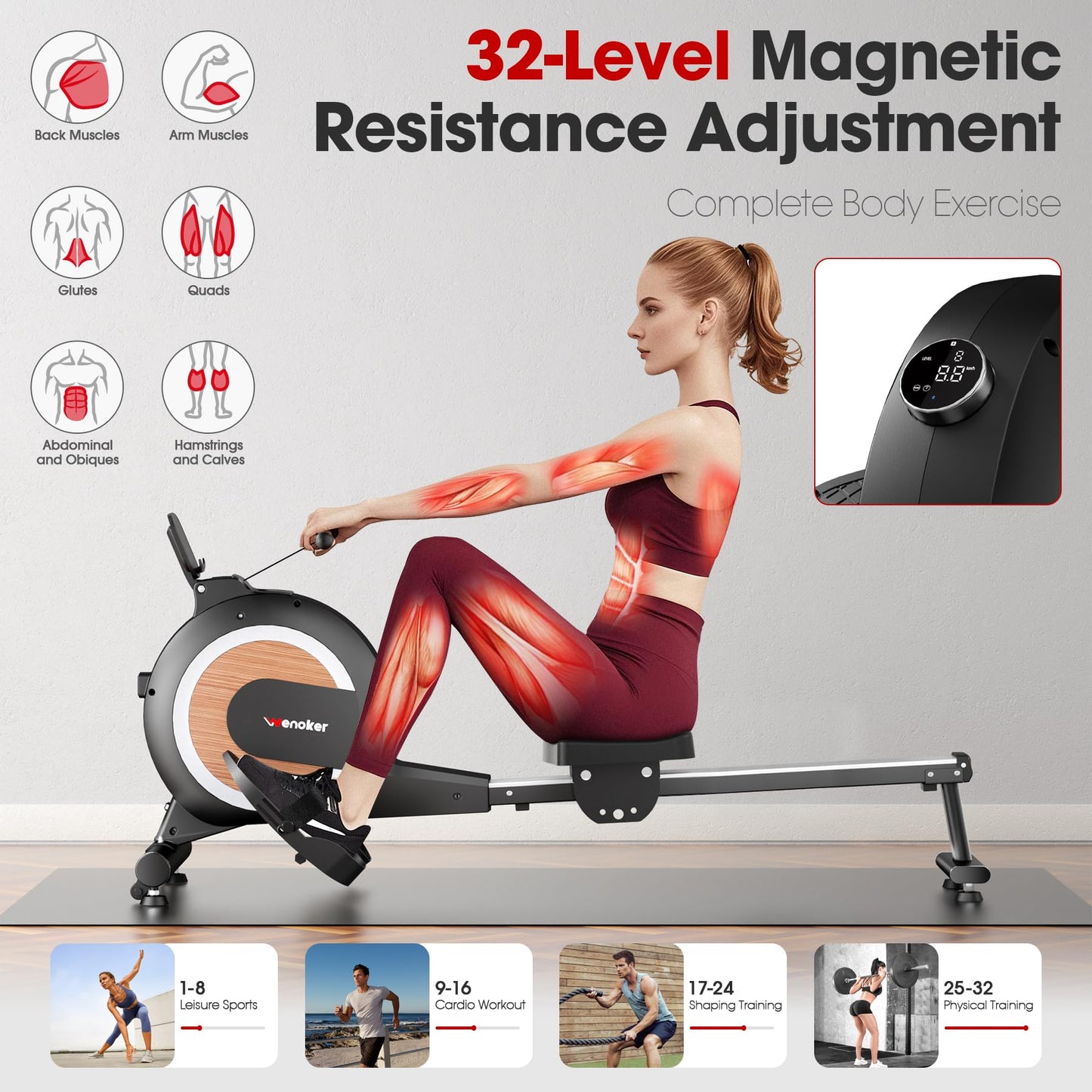 WENOKER Magnetic Rowing Machine, 32 Resistance Levels, 350 lbs Capacity, Smart Knob, App Supported