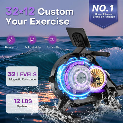 Magnetic Rowing Machine, 32-Level Resistance, 400 lbs Capacity, Dual Slide Rails, LCD Display