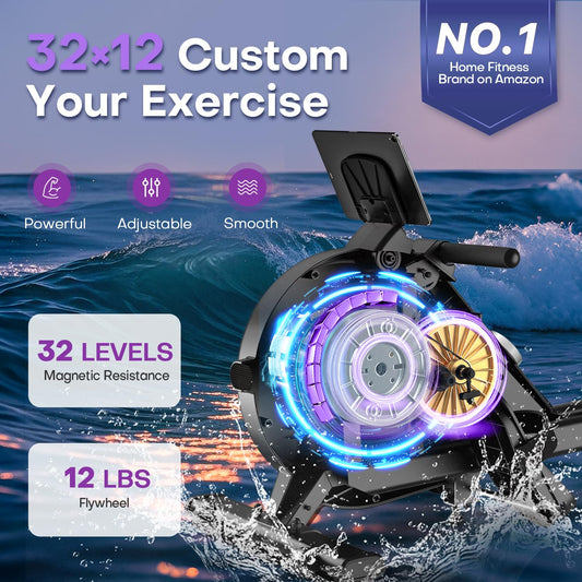 Magnetic Rowing Machine, 32-Level Resistance, 400 lbs Capacity, Dual Slide Rails, LCD Display