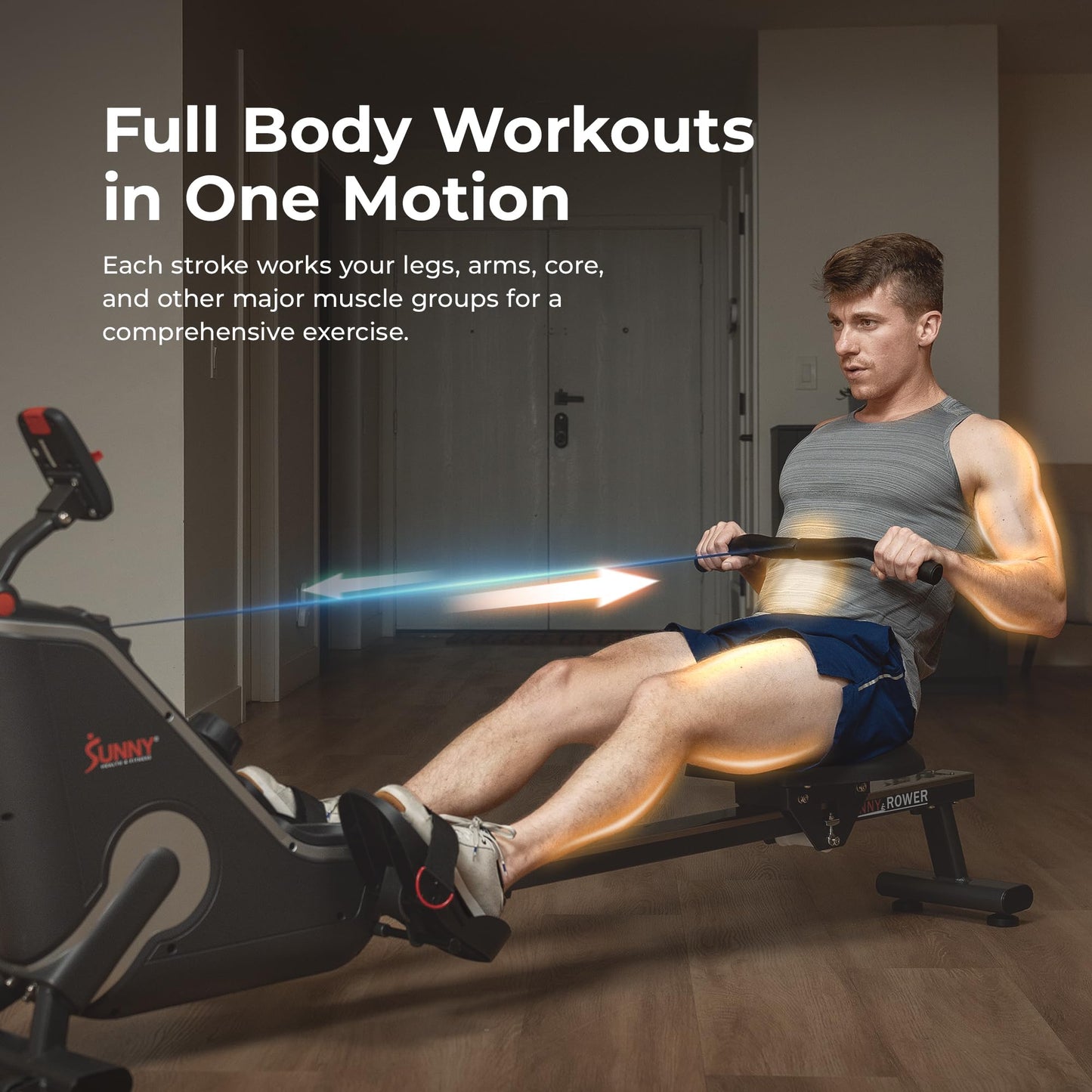 Sunny Health & Fitness Smart Compact Magnetic Rowing Machine, Stainless Steel Rail, 300 lbs Capacity